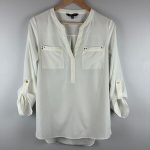 Ellen Tracy Cream V-Neck Roll-Tab Sleeve Blouse Gold-Tone Hardware Size Small